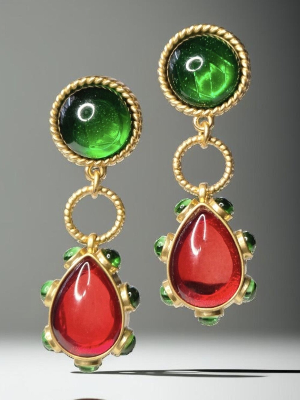 18k Matte Gold Plated Luxury Designer Mogul Royal Glass Cabochon Dangle Earrings